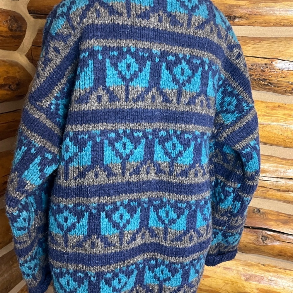 Caravan 1990s Navy and Teal Patterned hand made Turtleneck Sweater free size. - Picture 2 of 7
